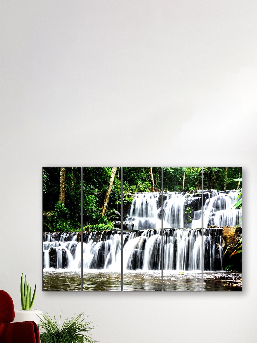 

SAF Green & White 5 Pieces Waterfall Nature Framed Wall Painting