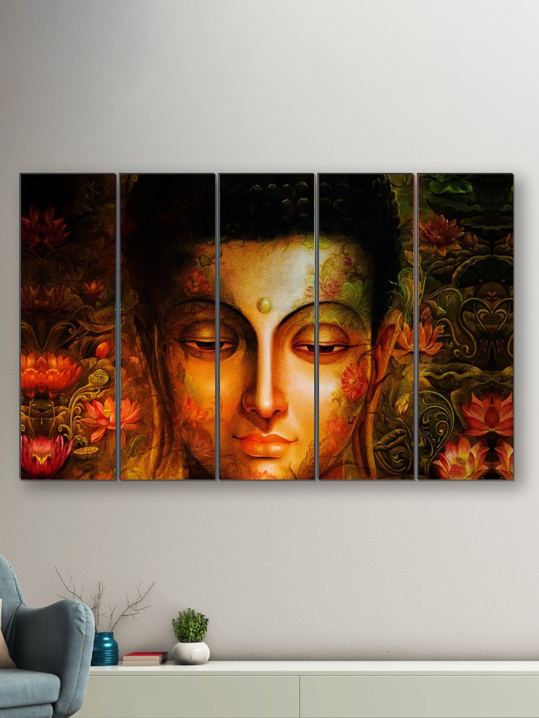 

SAF Yellow & Brown 5 Pieces Buddha Religious Framed Wall Painting