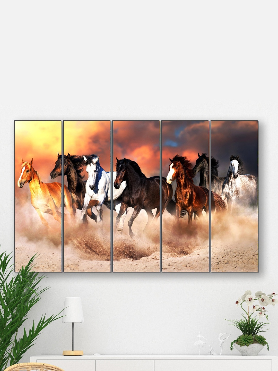 

SAF Brown & Beige 5 Pieces Seven Running Horses Framed Wall Painting