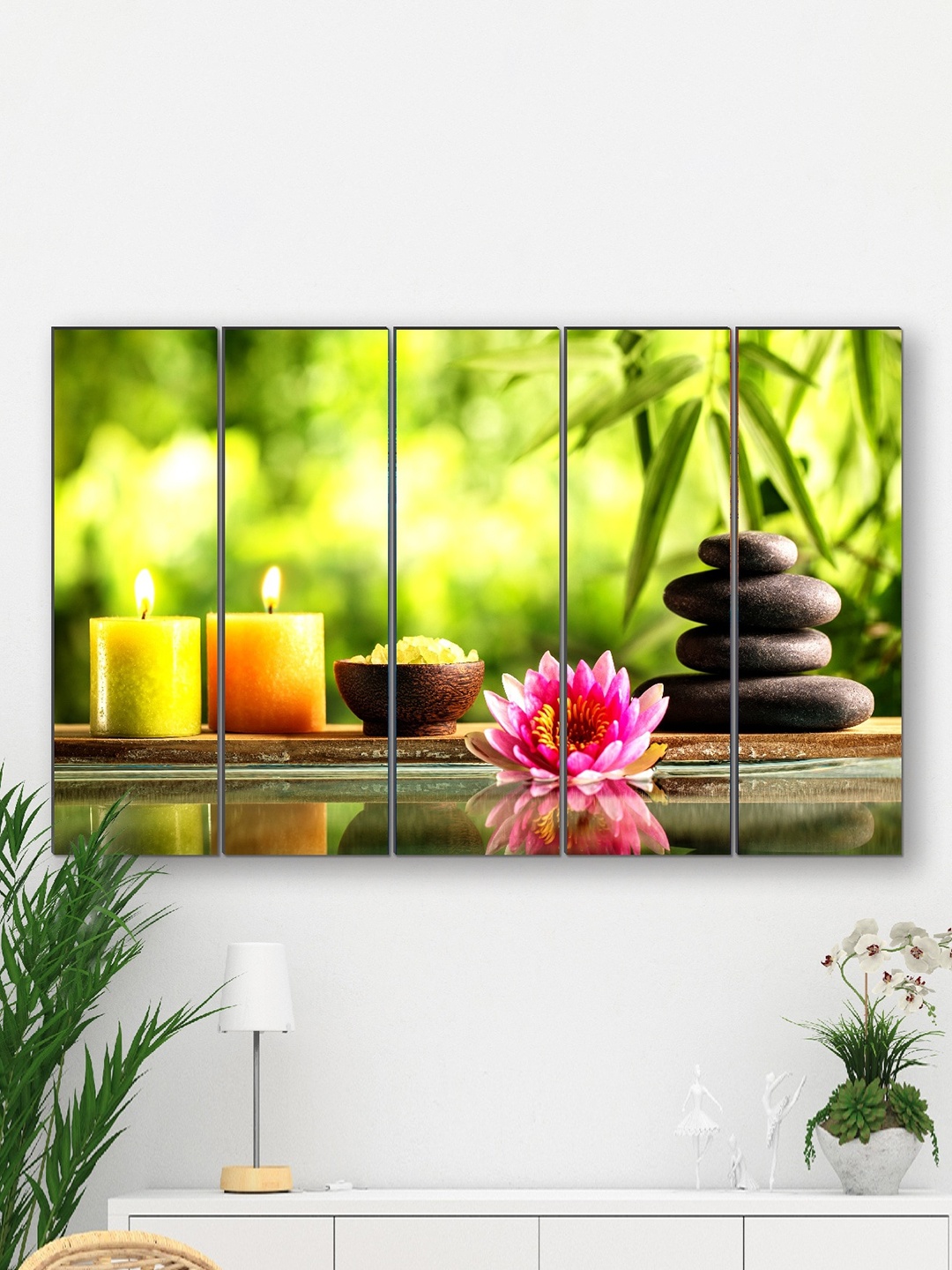 

SAF Green & Yellow 5 Pieces Bamboo Nature Framed Wall Painting