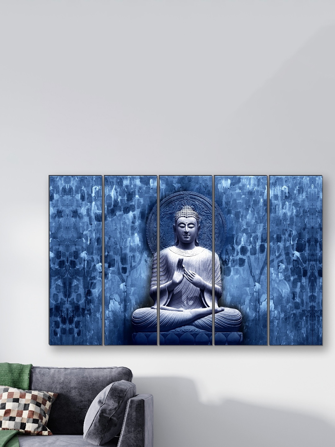 

SAF Blue & Grey 5 Pieces Buddha Religious Framed Wall Painting