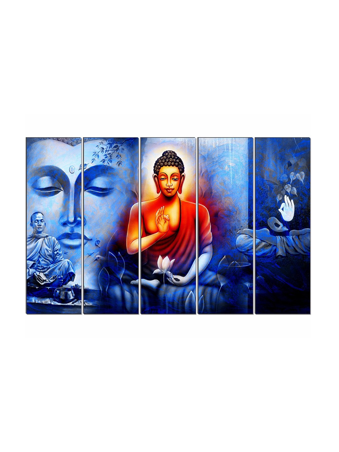 

SAF Orange & Blue 5 Pieces Buddha Religious Framed Wall Painting