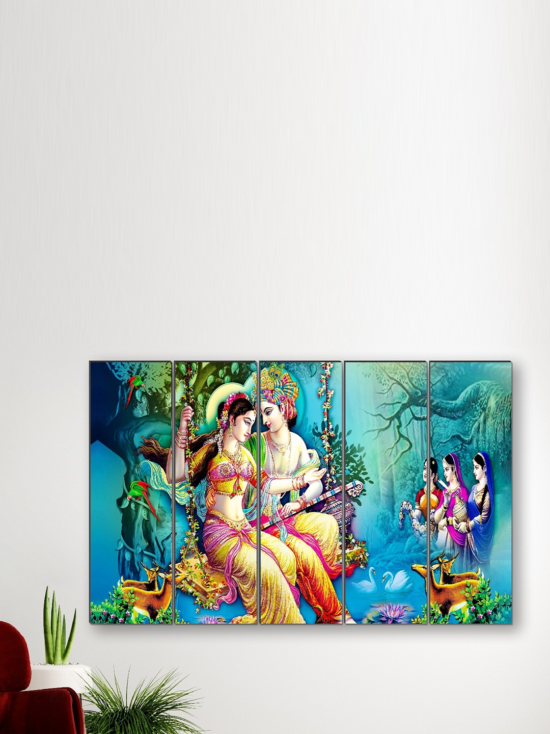 

SAF Blue & Yellow 5 Pieces Radha Krishna Framed Wall Art Painting