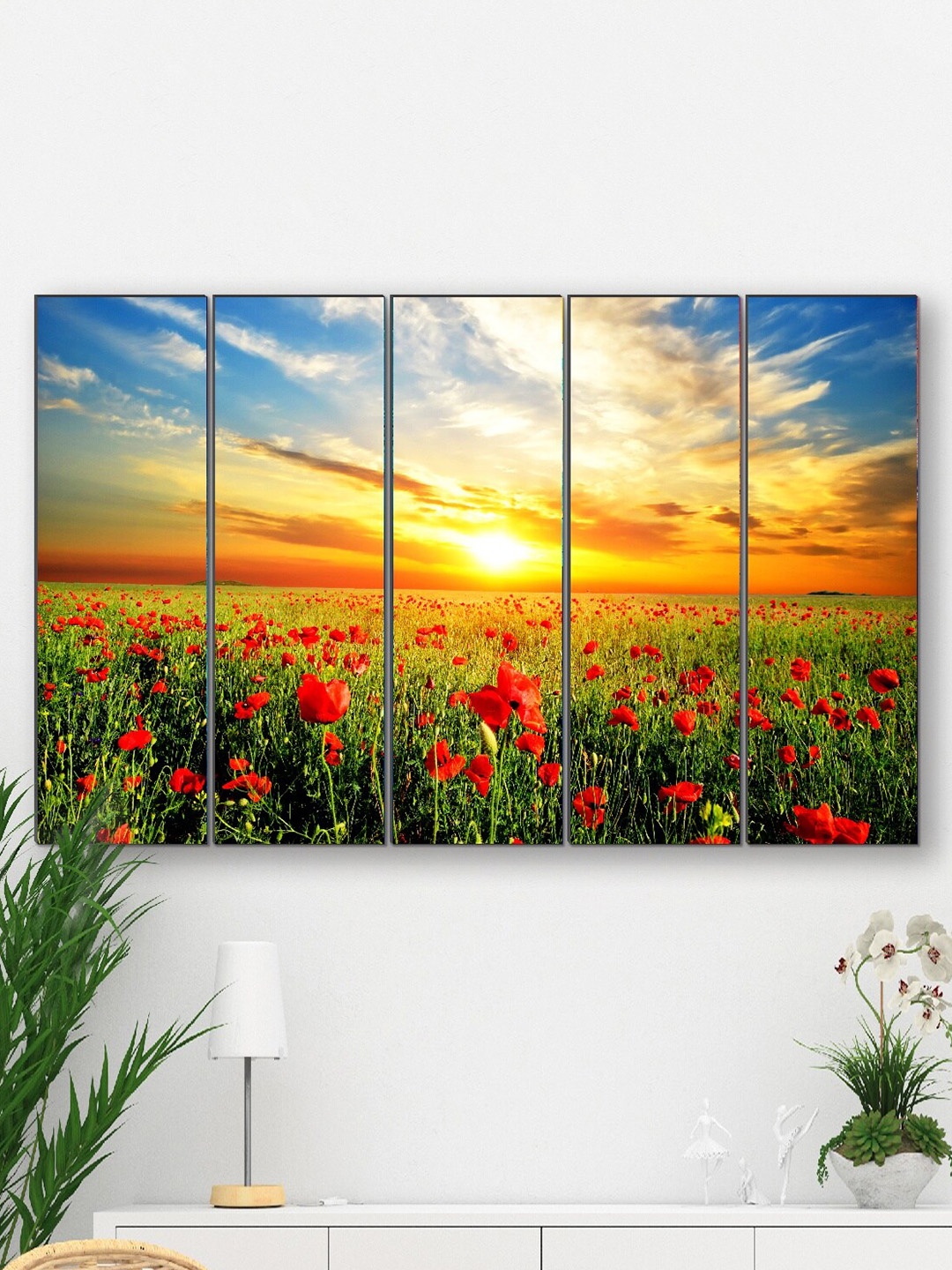 

SAF 5-Pcs Yellow & Blue Sunrise Landscape Printed Framed Wall Art