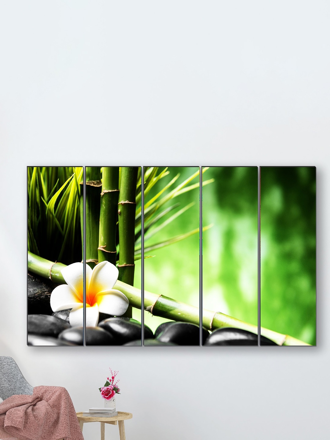 

SAF 5-Pcs Green & White Bamboo Printed Framed Wall Art