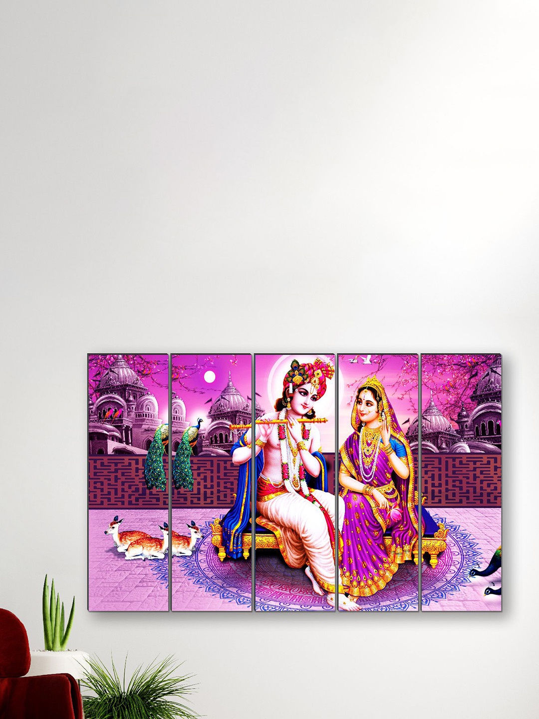 

SAF 5-Pcs Pink & Blue Radha Krishna Printed Framed Wall Art