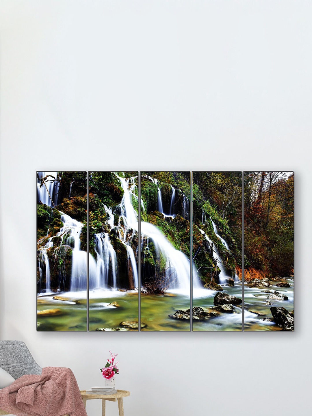 

SAF White & Green 5 Pieces Waterfall Nature Framed Wall Painting