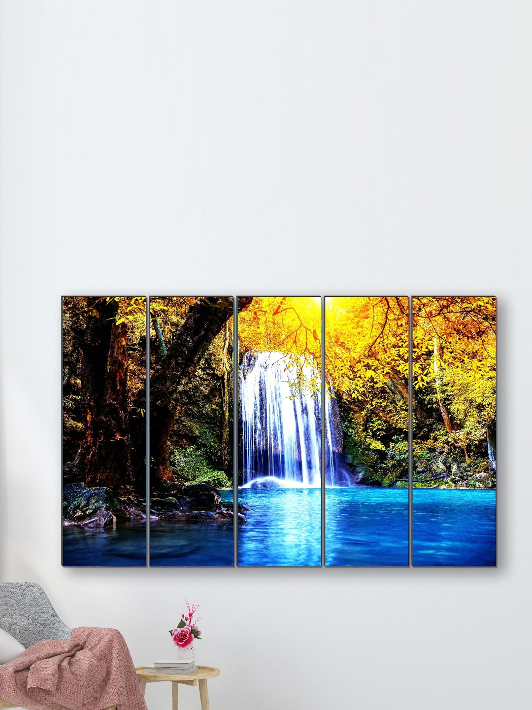 

SAF Blue & Yellow 5 Pieces Waterfall Nature Framed Wall Painting