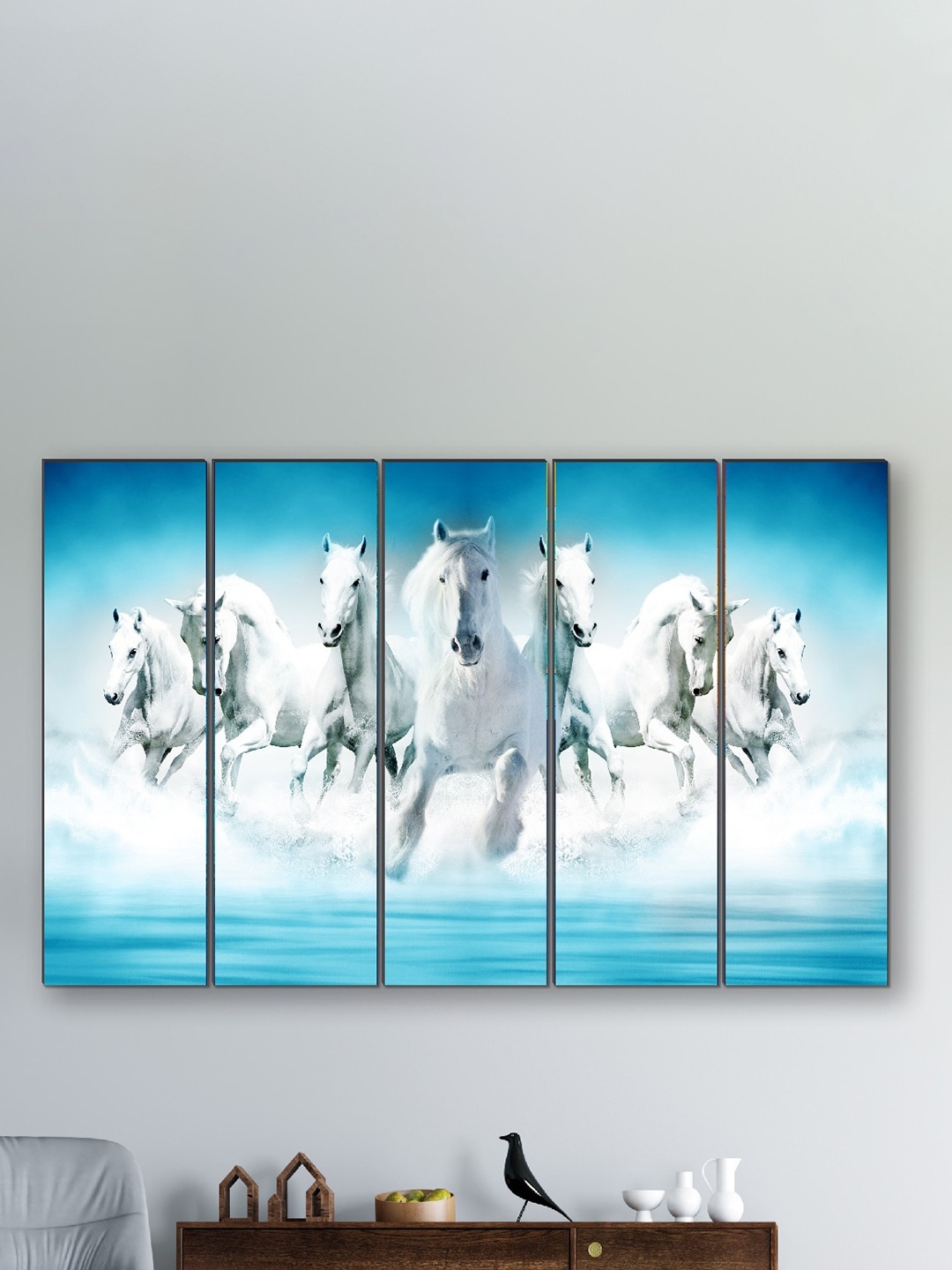 

SAF White & Blue 5 Pieces Running Horses Printed Wall Art