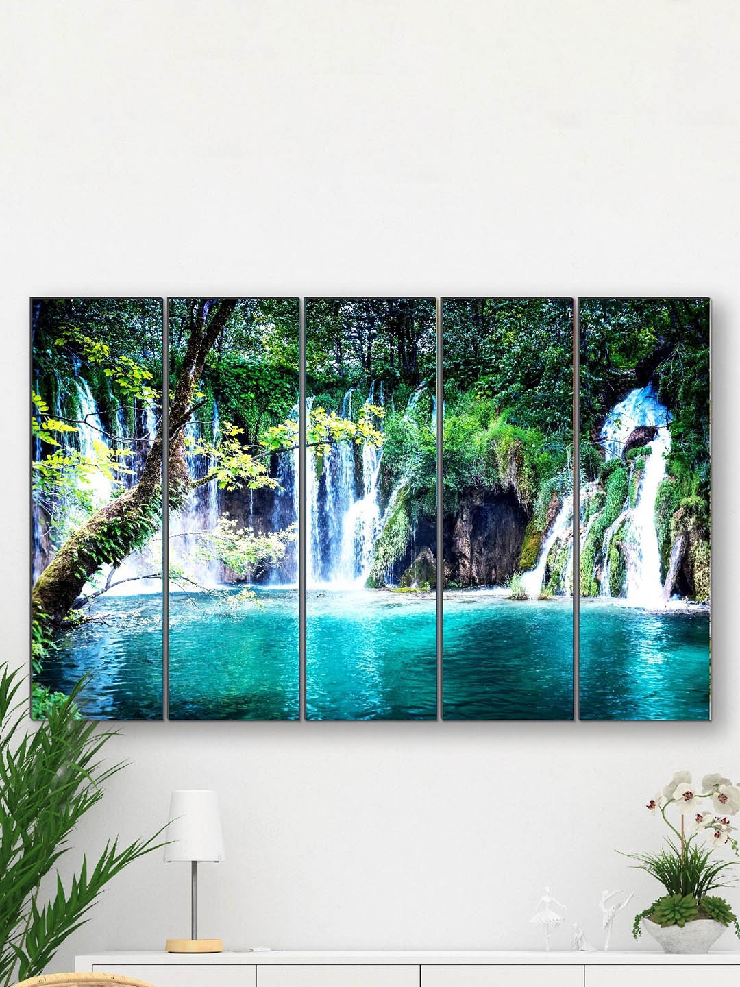 

SAF Blue & Green 5 Pieces Waterfall Nature Printed Wall Art