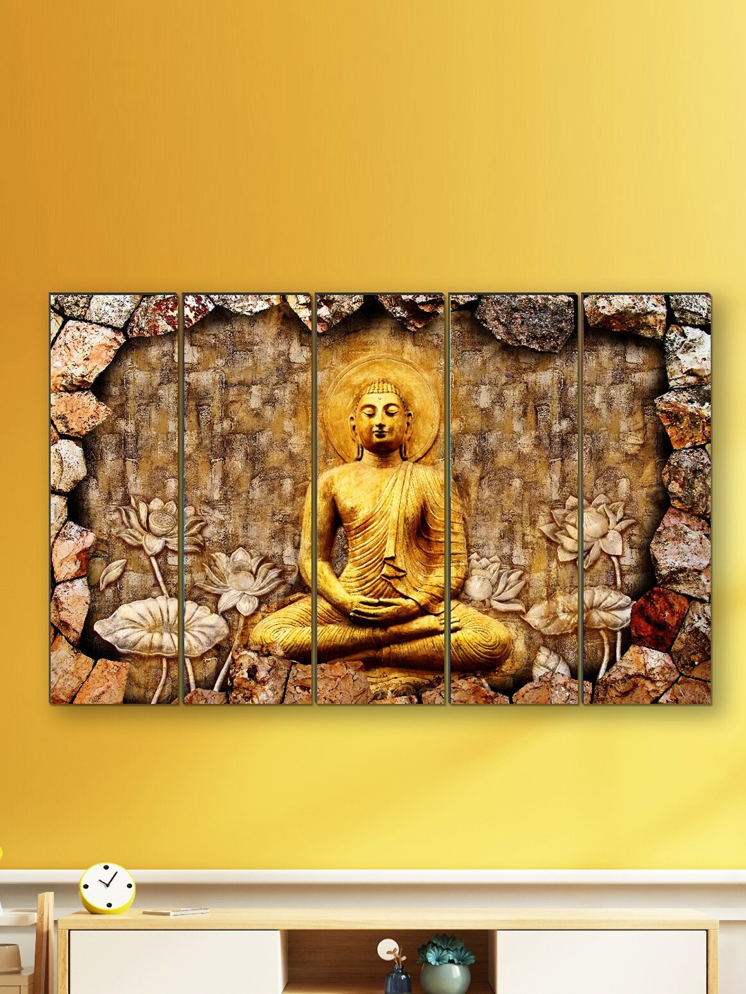 

SAF 5 Piece Gold & Brown Buddha Printed Wall Painting