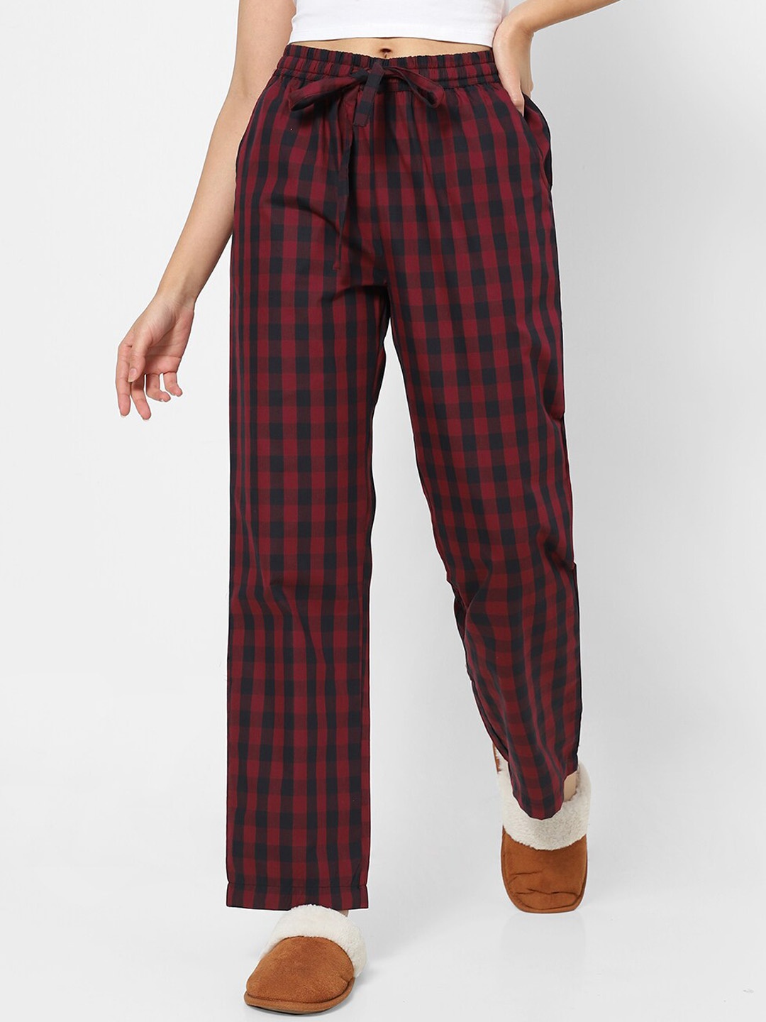 

VASTRADO Women Mid-Rise Checked Cotton Loung Pant, Red