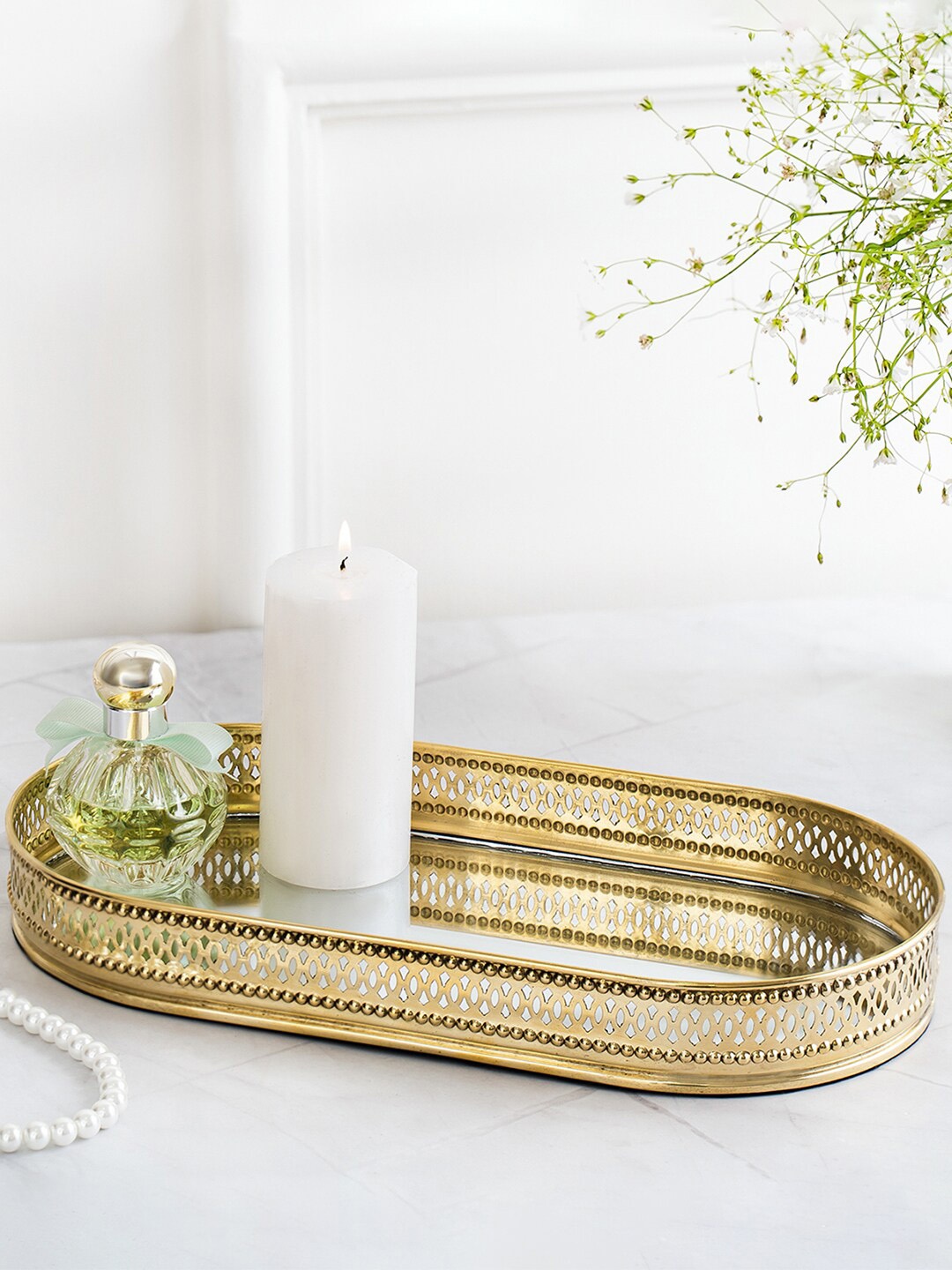 

DecorTwist Gold Toned Textured Oval Mirror Tray Showpiece