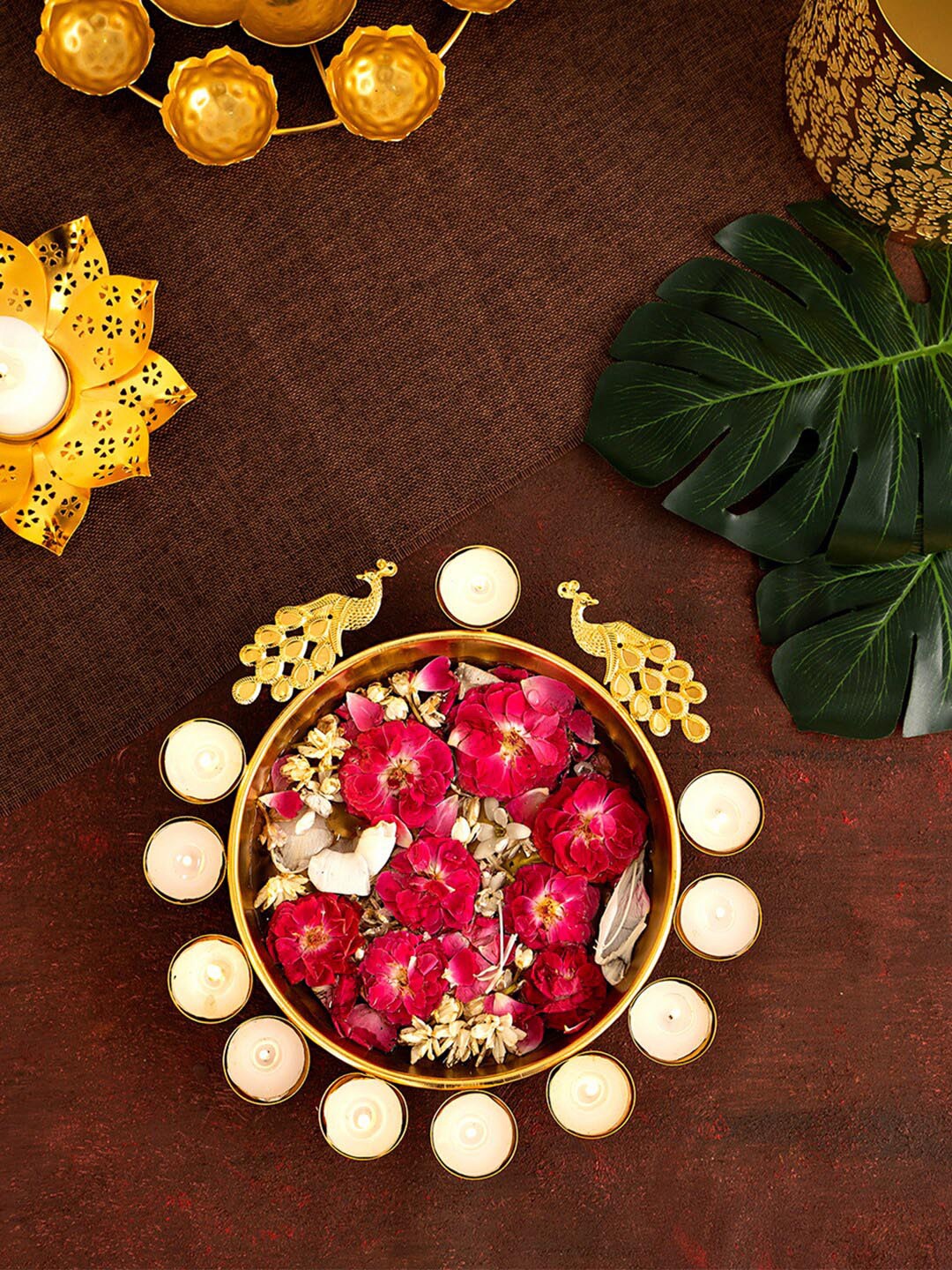 

DecorTwist Peacock Metal Urli Decoration Bowl & Tealight Candle Holder, Gold