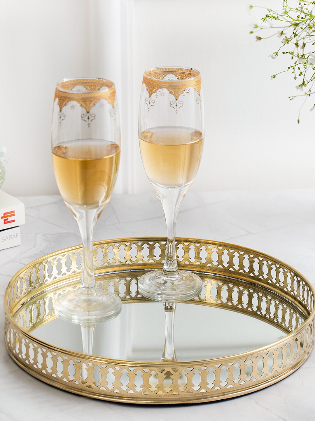 

DecorTwist Gold-Toned Mirror Tray Showpiece