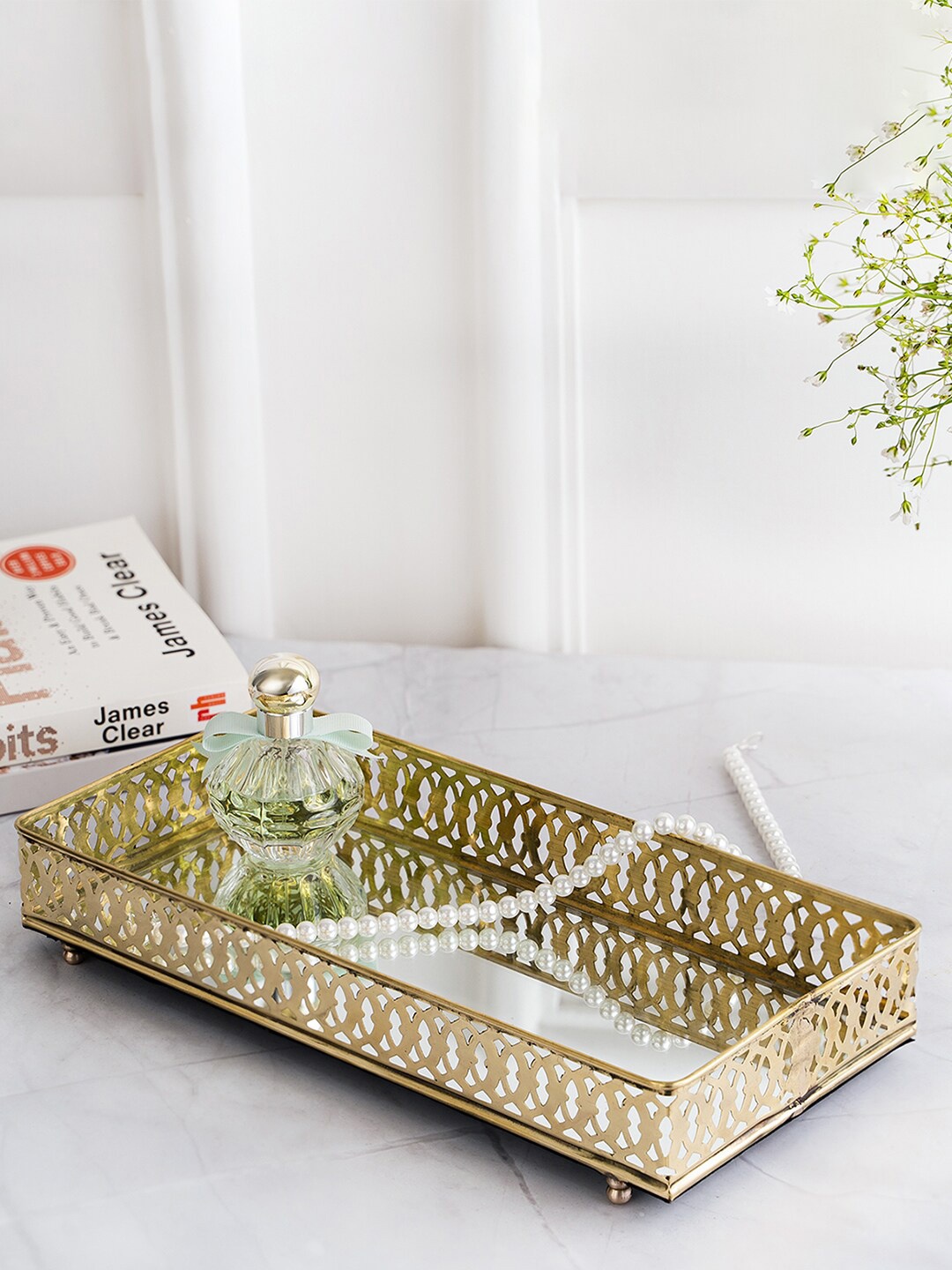 

DecorTwist Basant Metallic-toned Rectangle Decorative Mirror Tray, Gold