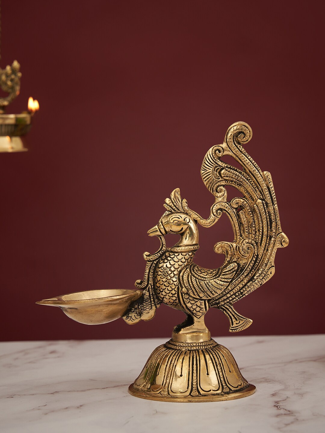 

DecorTwist Brass Exotic Peacock Single Wick Diya, Gold