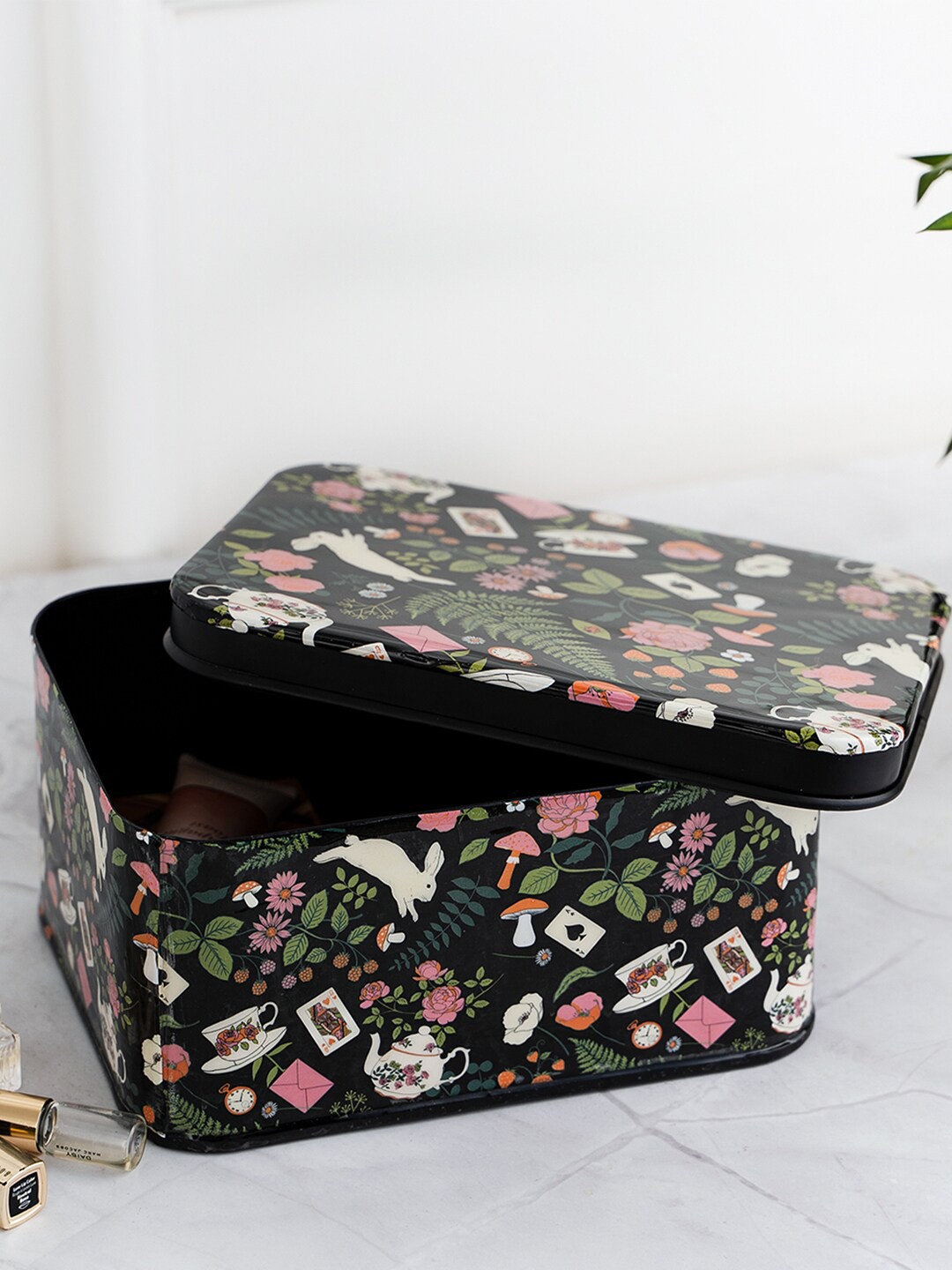 

DecorTwist Black & Pink Floral Printed Storage Box