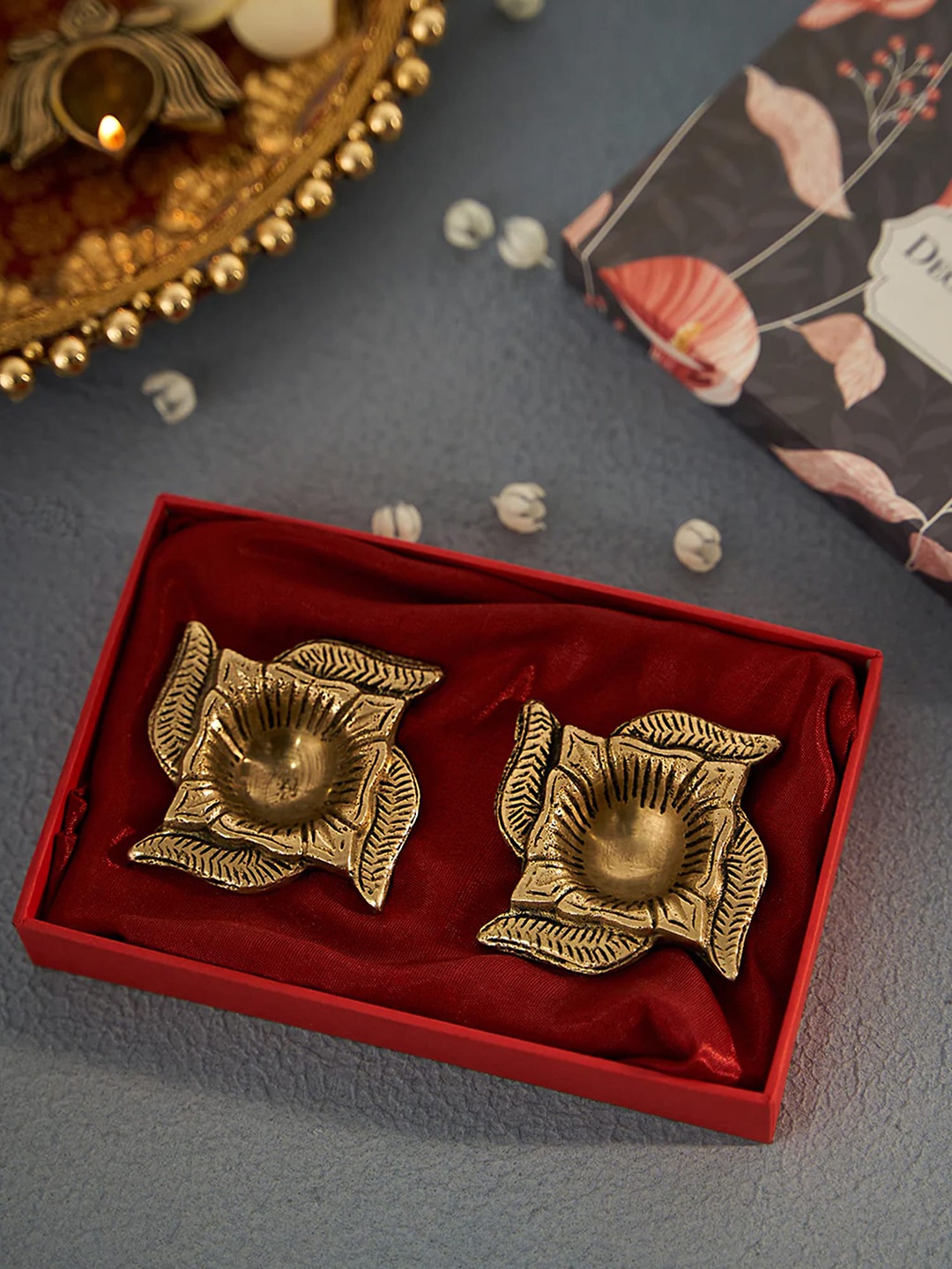 

DecorTwist Set of 2 Brass Swastik Diya With Gift Box, Gold