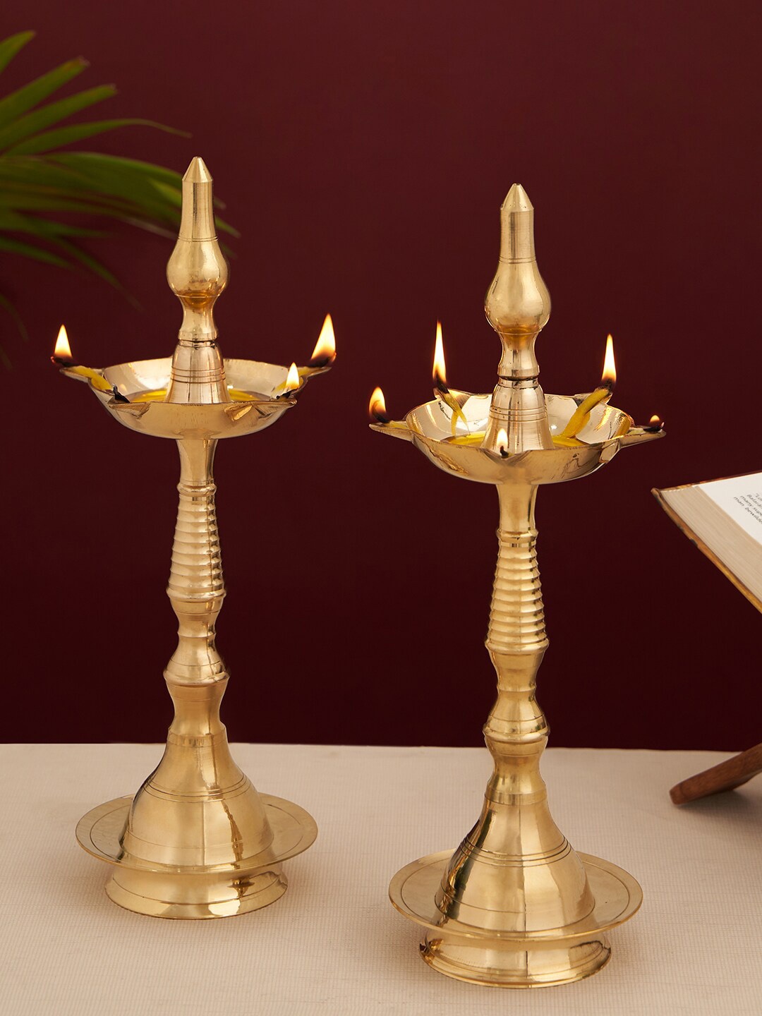 

DecorTwist 2 Pieces Brass Kerala Samay Oil Lamp, Gold