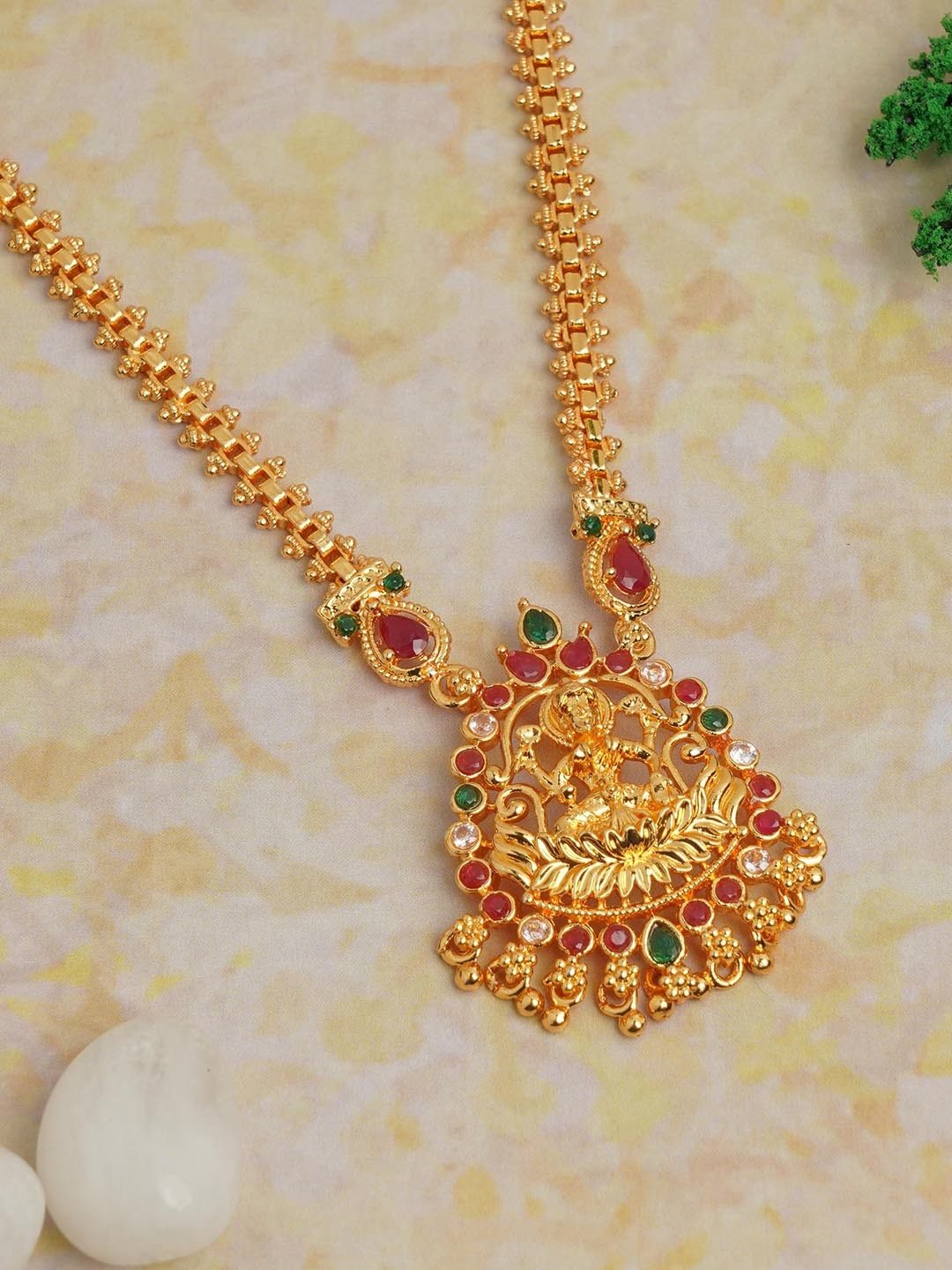 

LAFORWORD Gold-Plated AD Studded Goddess Lakshmi Shaped Long Necklace