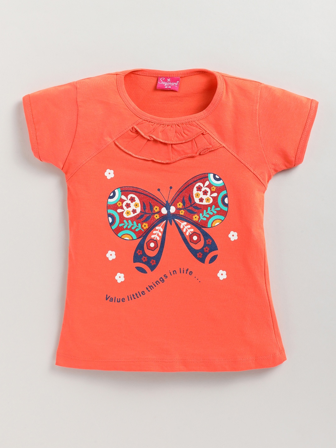 

Redden Girls Graphic Printed Ruffle Detail Pure Cotton Top, Orange