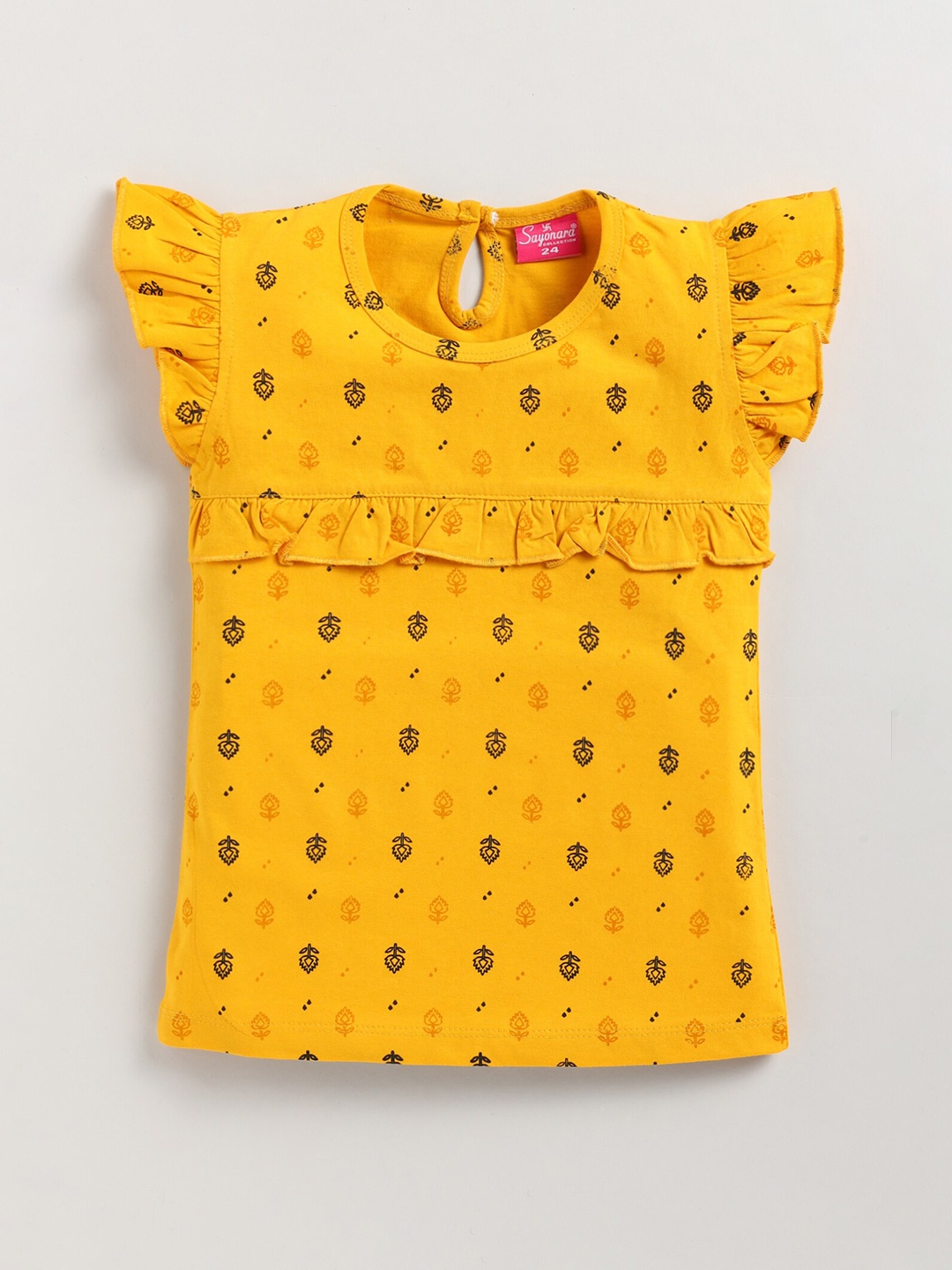 

Redden Girls Floral Printed Flutter Sleeves Pure Cotton Top, Yellow