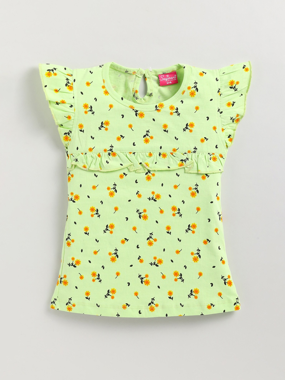 

Redden Girls Floral Printed Flutter Sleeves Pure Cotton Top, Green