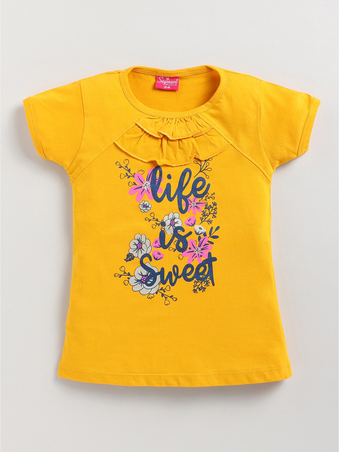 

Redden Girls Graphic Printed Ruffled Detail Pure Cotton Top, Yellow