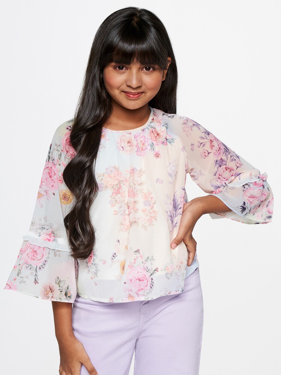 

AND Girls Floral Printed Bell Sleeves Top, White