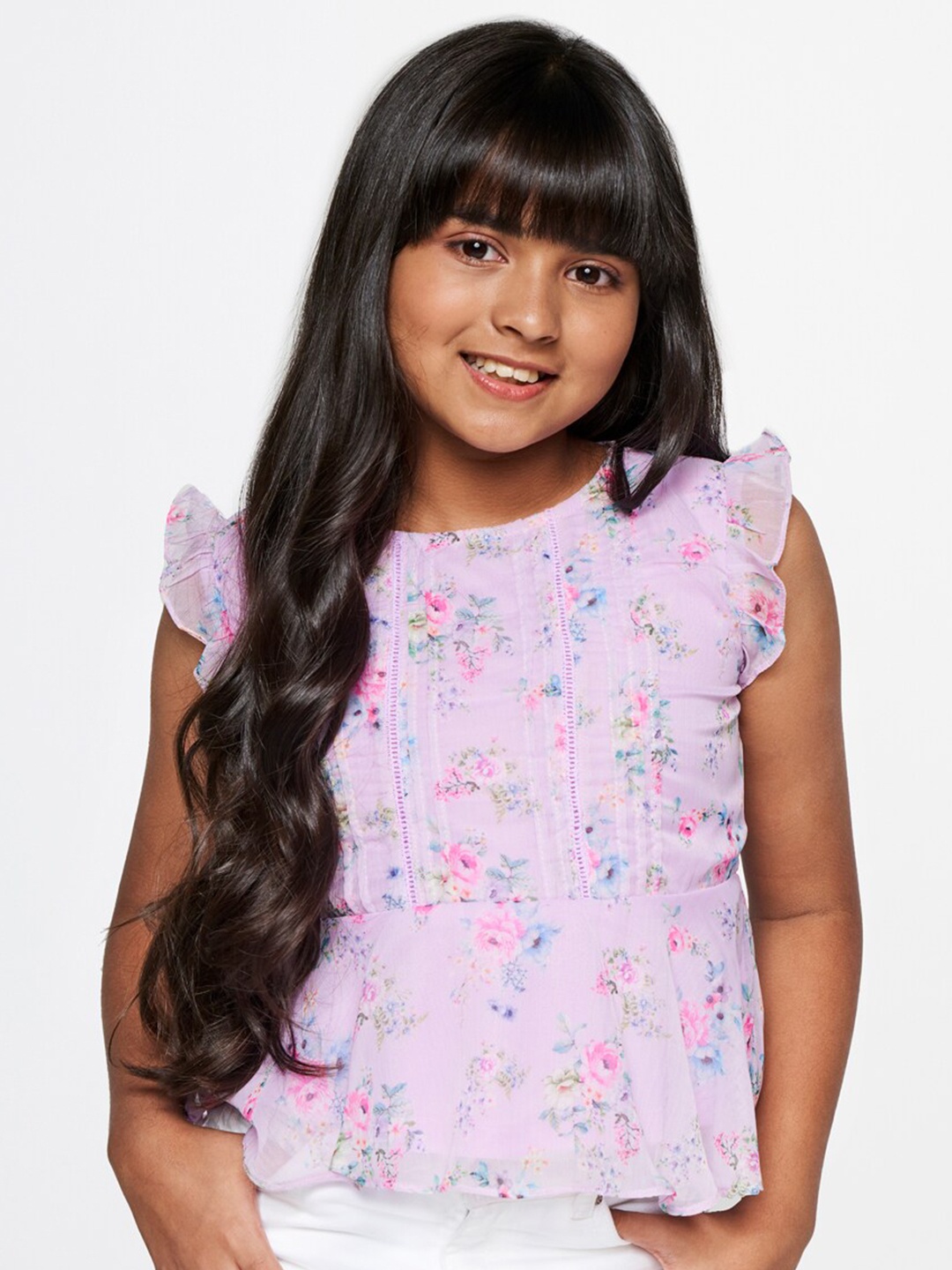 

AND Girls Floral Printed Flutter Sleeve Peplum Top, Purple