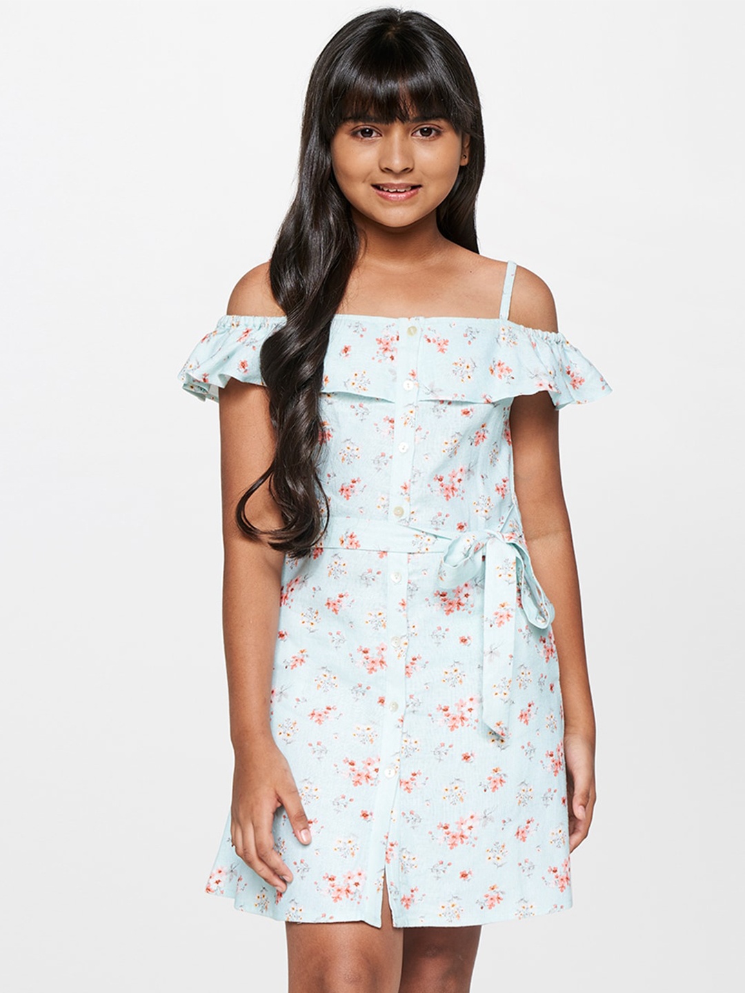 

AND Girls Floral Printed Linen Fit & Flare Dress, Blue