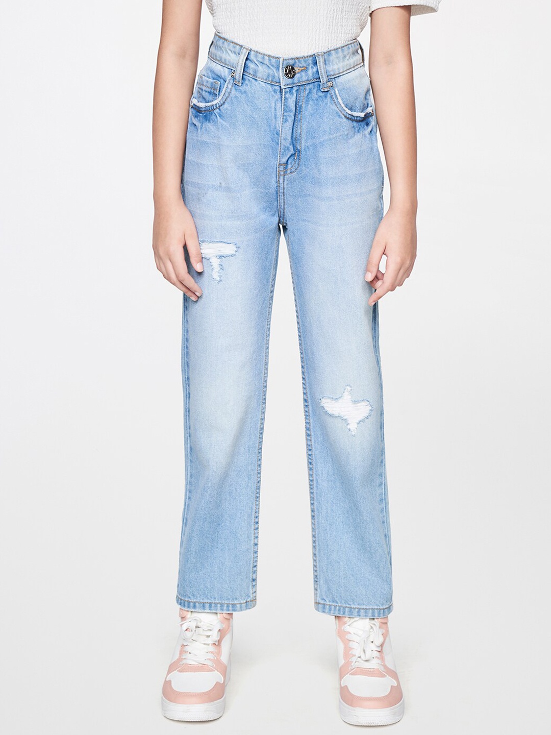 

AND Girls Mid-Rise Low Distressed Heavy Faded Pure Cotton Jeans, Blue