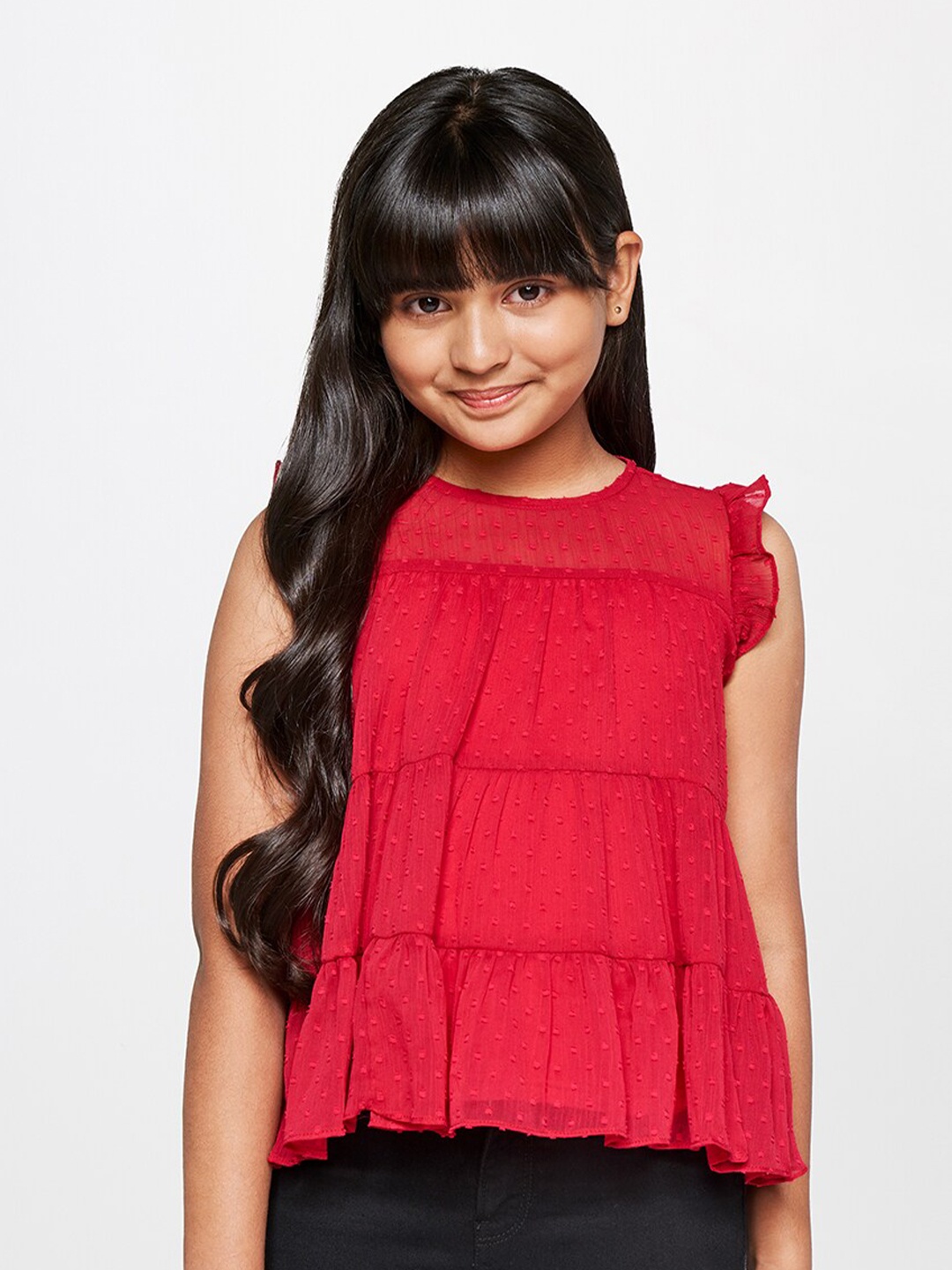 

AND Girls Self Design Sleeveless A-Line Top, Red