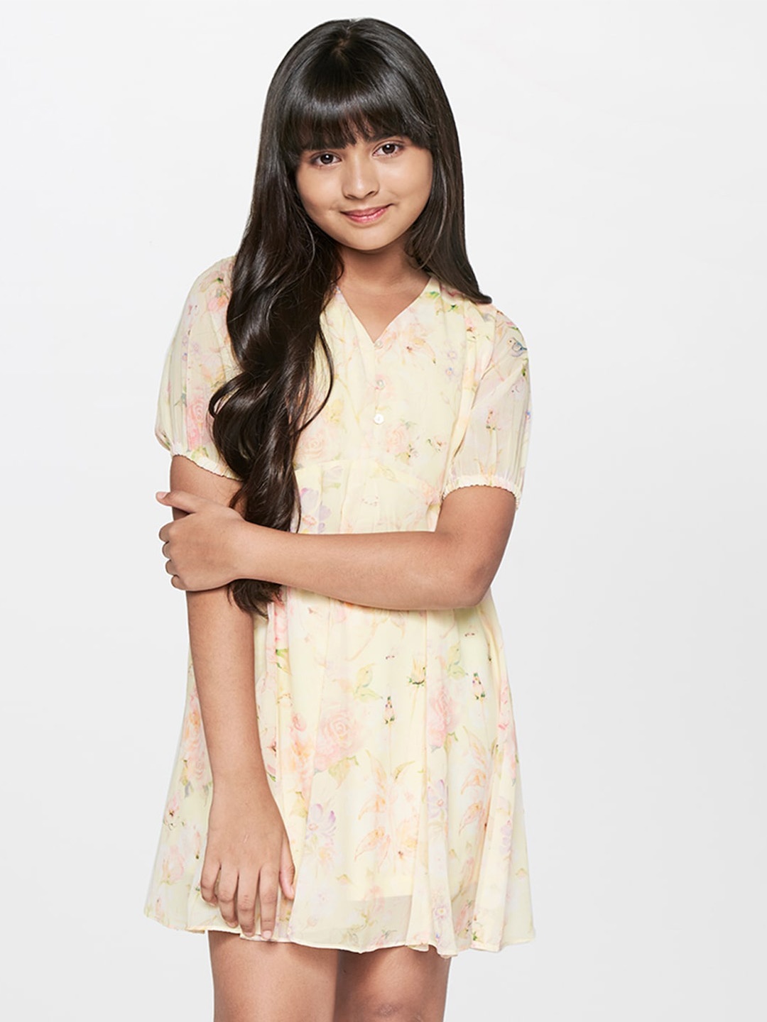 

AND Girls V-Neck Floral Print A-Line Dress, Yellow