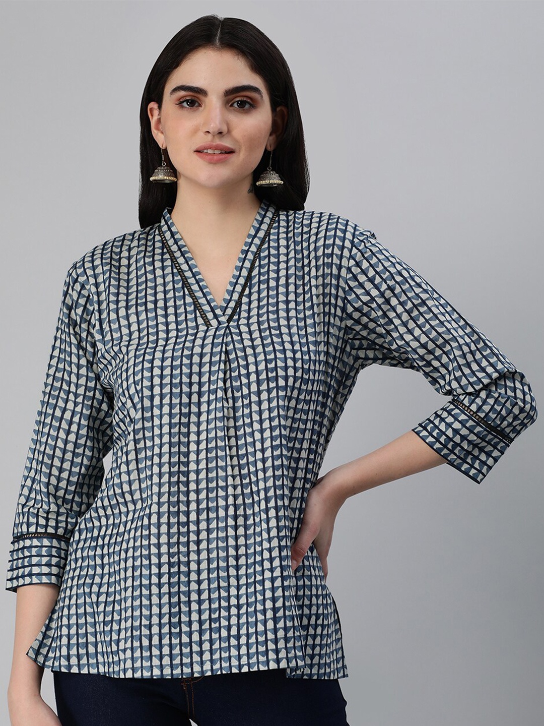 

KAMI KUBI Checked V-Neck Pure Cotton Shirt Style Top, Blue