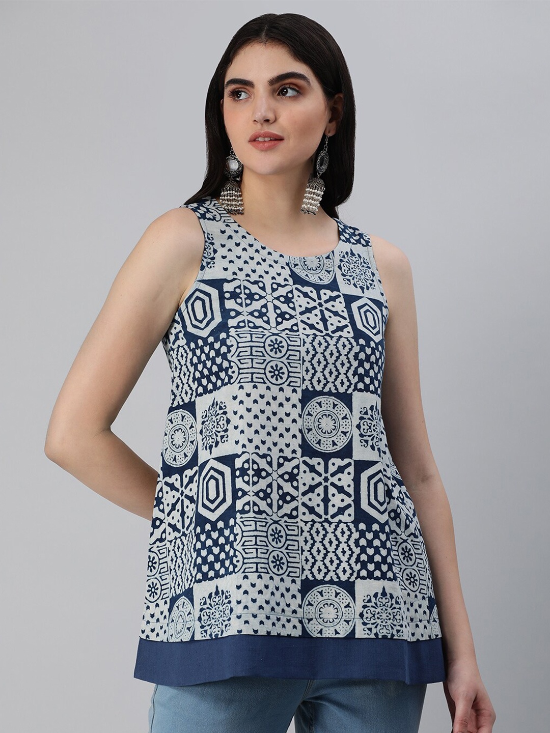 

KAMI KUBI Ethnic Motifs Printed A-Line Pure Cotton Top, Navy blue