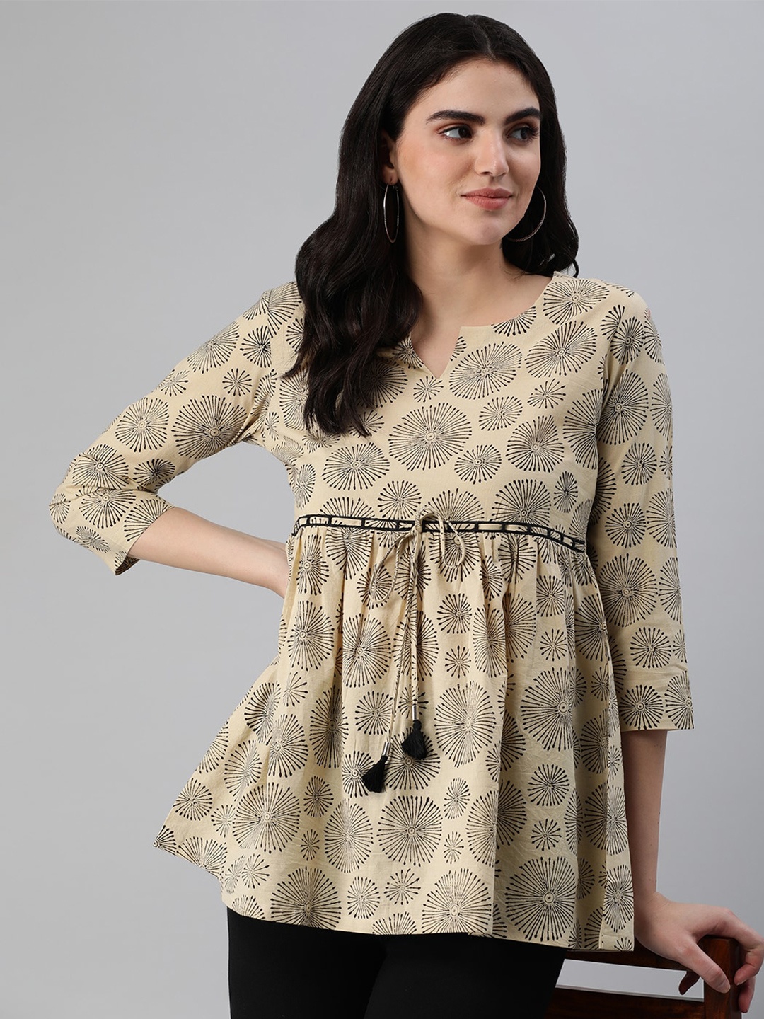

KAMI KUBI Floral Printed Gathered Pure Cotton Empire Top, Beige