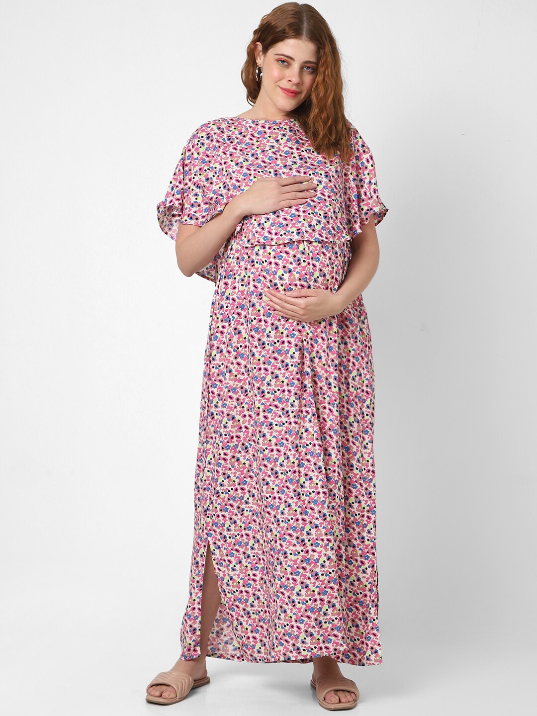

Mystere Paris Floral Print Flared Sleeve Maternity Maxi Midi Dress, Pink
