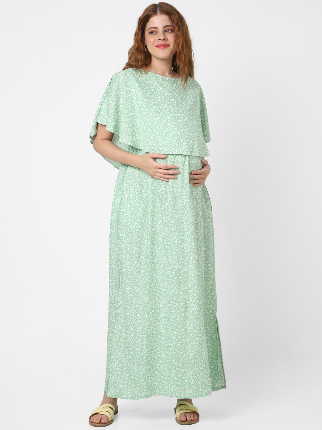 

Mystere Paris Ethnic Motifs Print Flared Sleeve Maternity Maxi Dress, Green