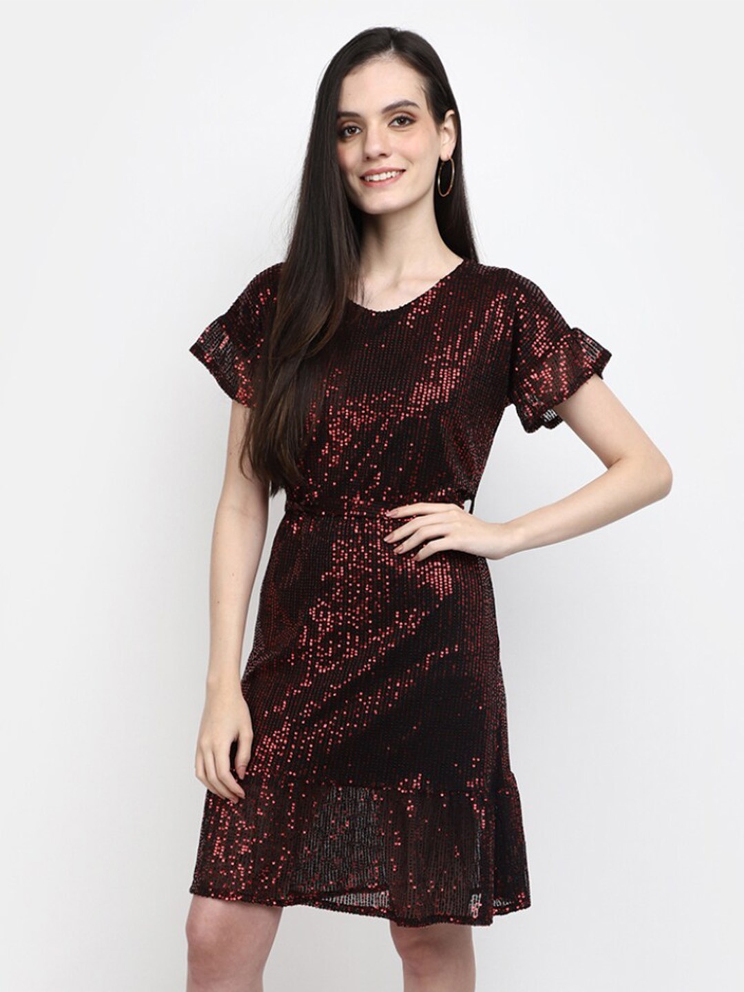 

V-Mart Sequined Cotton Sheath Dress, Red