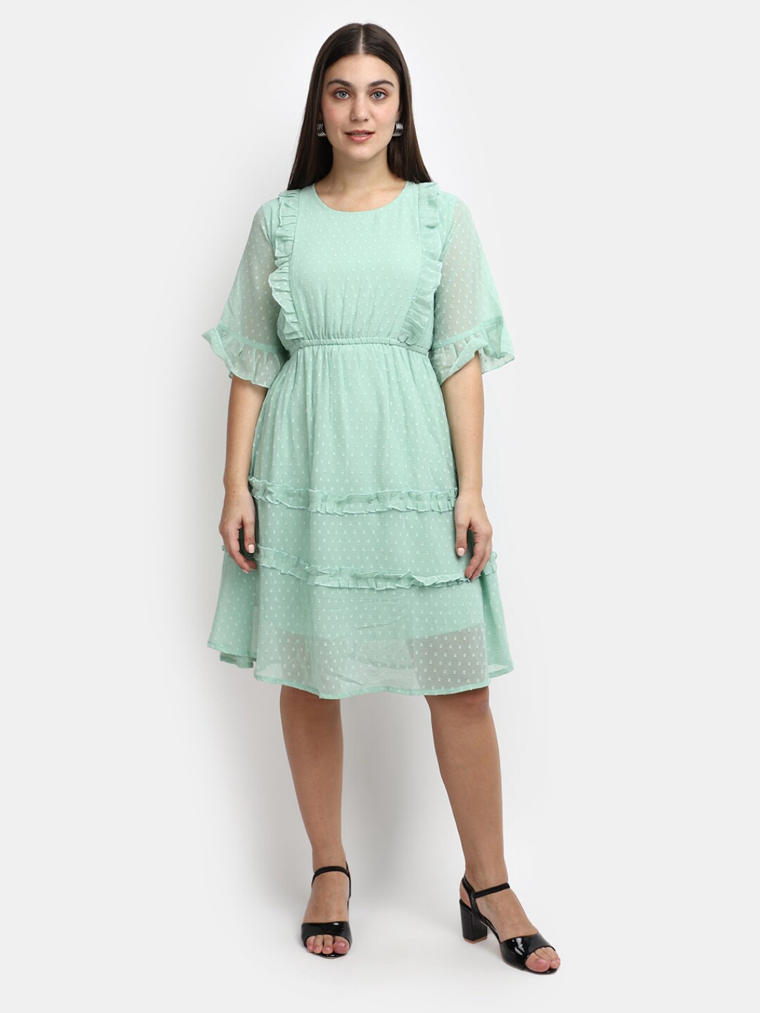 

V-Mart Flared Sleeve Self Design Fit & Flare Dress, Green