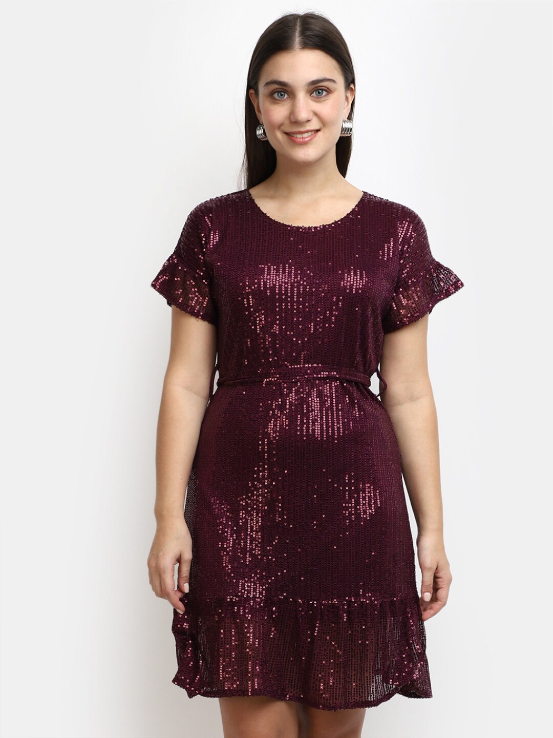 

V-Mart Sequined Cotton Sheath Dress, Maroon