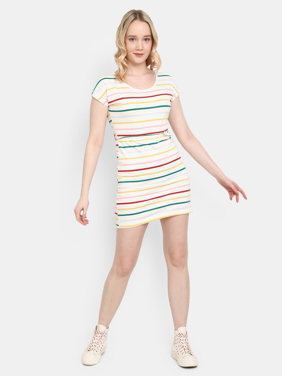 

V-Mart Striped Cotton Mini T-shirt Dress, White