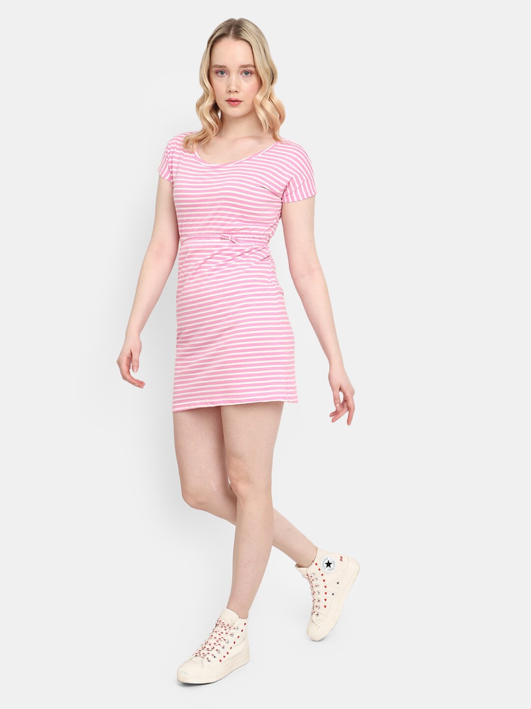 

V-Mart Pink Striped T-shirt Mini Dress