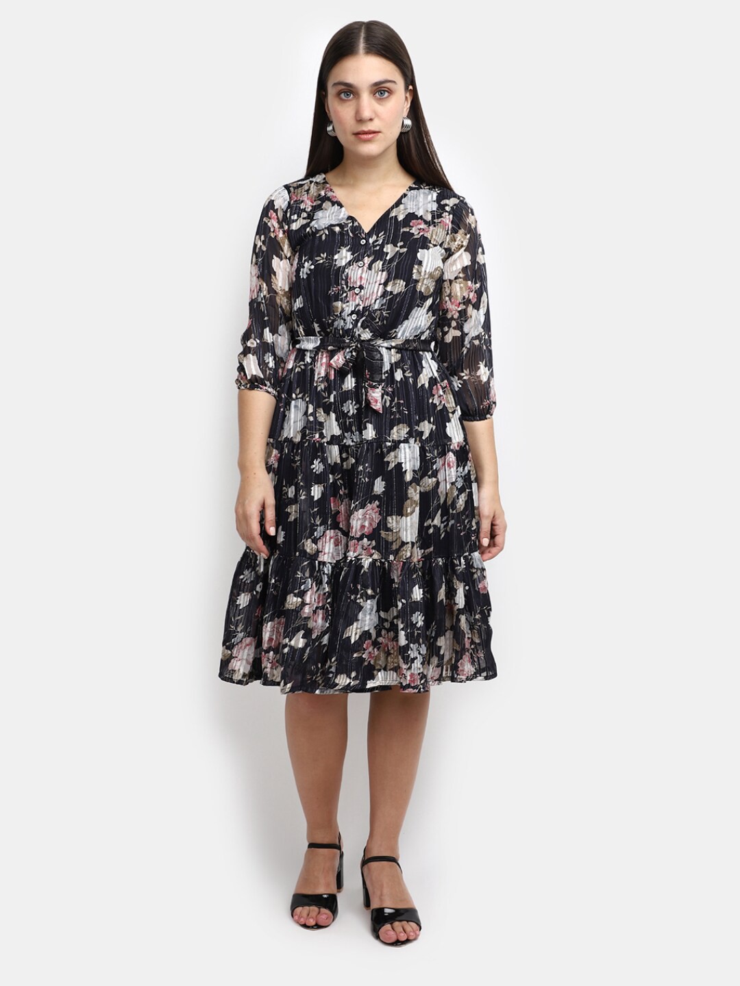 

V-Mart Floral Print Georgette Fit & Flare Dress, Black