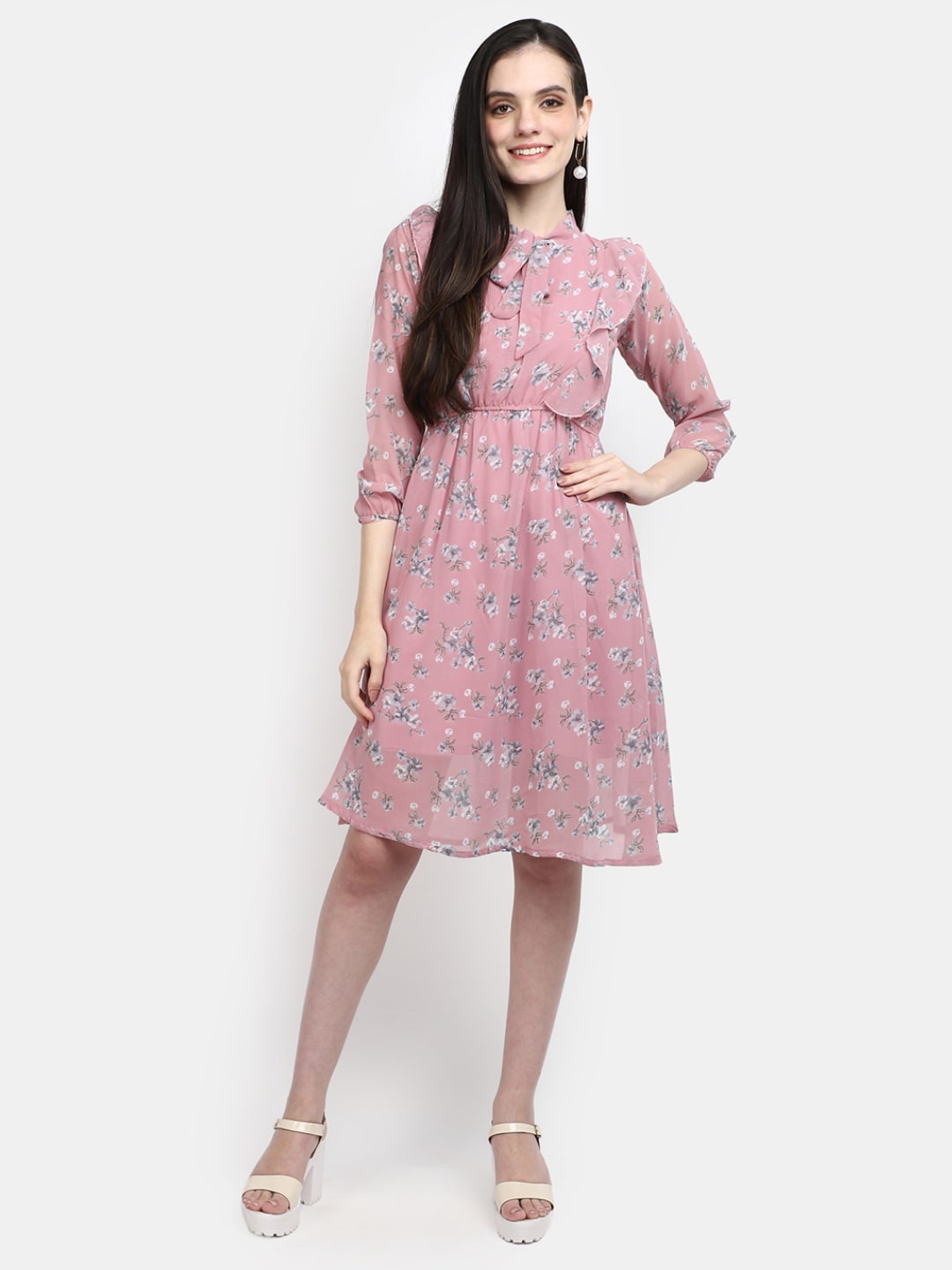 

V-Mart Pink Floral Printed Cotton Tie-Up Neck Fit & Flare Knee Length Dress