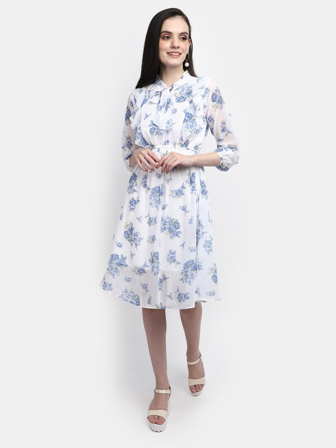 

V-Mart Floral Printed Tie-Up Neck Cotton Fit & Flare Midi Dress, Blue