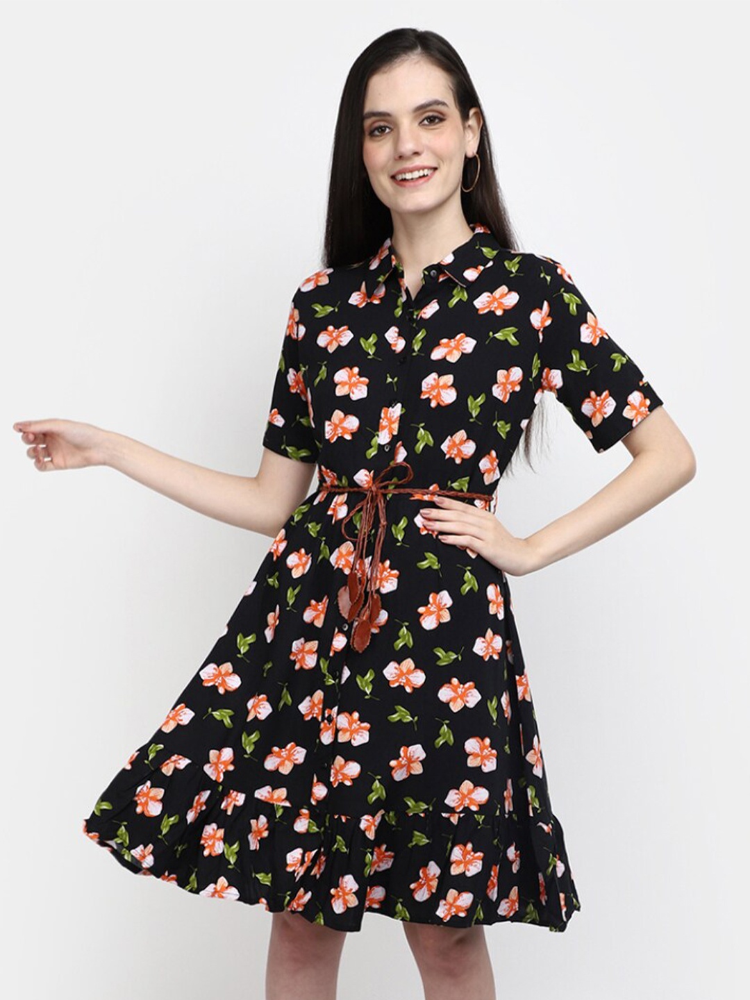 

V-Mart Floral Print Shirt Dress, Black