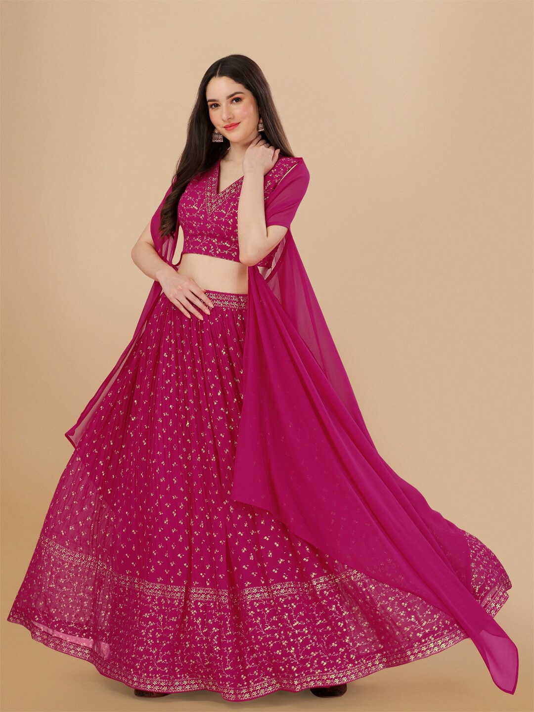 

PMD Fashion Foil Printed Ready to Wear Lehenga & Blouse With Dupatta, Pink